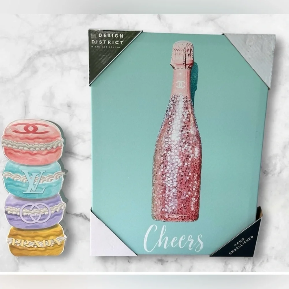 NEW!District Cheers Canvas Art - Chanel Pink & Green Wine Bottle-Wood Doughnut